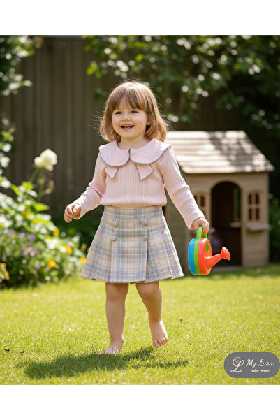 My Lusa baby wear Aybüke |   Baby Lapel Collar Corded Fabric Fabric Long Sleeve Top and Plaid Button Shorts Skirt Set - 2/3/4/5 Years Old