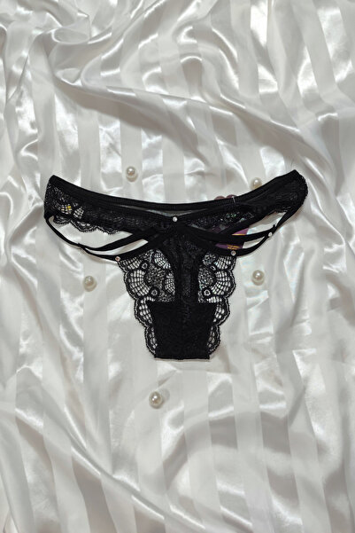 Papatya Siyah Dantel Esnek Dokuma Taş süslemeli Transparan Tanga