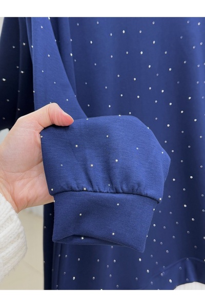 MİHRA STORE Albina Ful Stone Six Pleated Oversized Tunic-Na828 Navy Blue