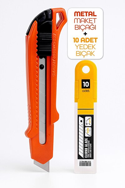 Telvesse Profesyonel 18mm Metal Maket Bıçağı + 10 Adet Yedek Bıçak Seti Geniş...