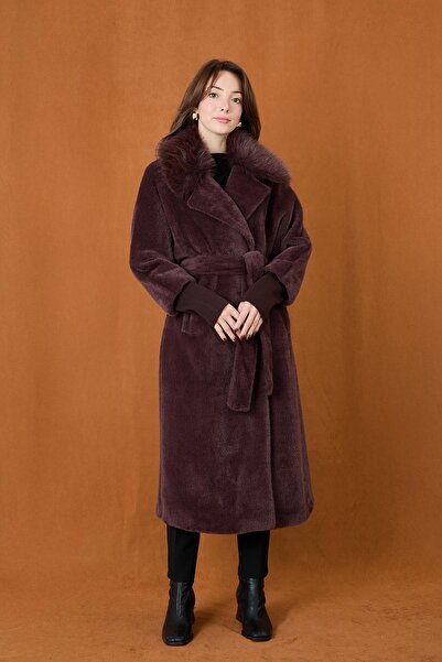 Puane Women's Double Collar Belted Angora Coat 15229