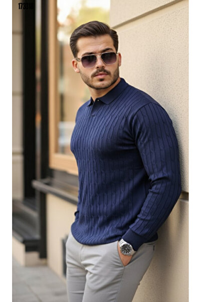 moda wanilia Men's Knitted Pattern Long Sleeve Knitwear Polo Neck Sweater