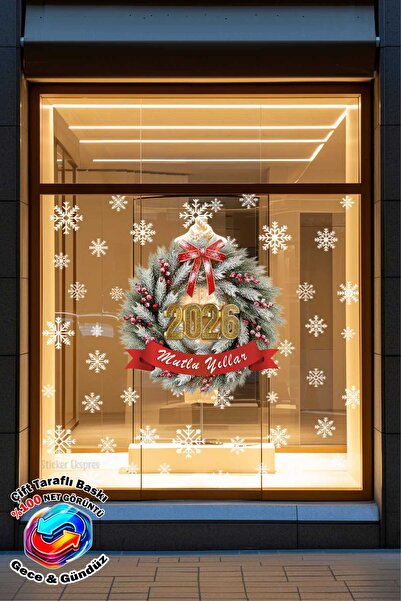 Sticker Ekspres Mutlu Yıllar 2026 Gold Yazılı Çift Taraflı Yılbaşı Çelengi Cam Sticker Yeni Yıl Süsleri