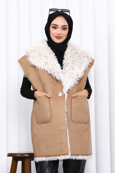 İmajButik Mink Double-Breasted Suede Vest with Fur Inside the Collar