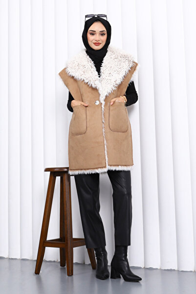 İmajButik Mink Double-Breasted Suede Vest with Fur Inside the Collar