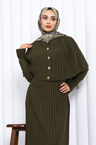 İmajButik Khaki Cape Detailed Long Knit Dress