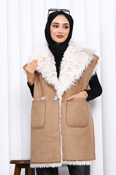 İmajButik Mink Double-Breasted Suede Vest with Fur Inside the Collar
