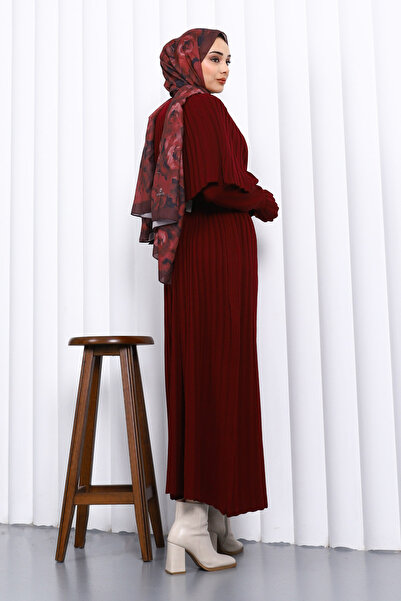 İmajButik Burgundy Cape Detailed Long Knitwear Dress