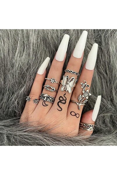 Pursehuit Set de 8 inele argintii, cu fluture și flori, Theis C1