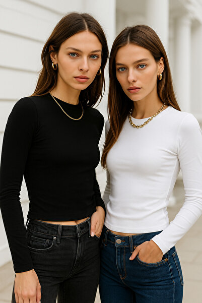 Rich Women's Black-White 2-Pack Crew Neck Stretchy Fabric Fitted Slim Fit Long Sleeve Crop Bodysuit