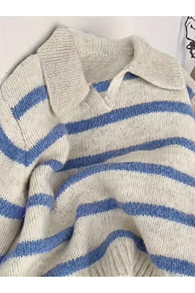 banessa Ecru Blue Fleece-Lined Polo Neck Oversized Women's Knitwear Sweater