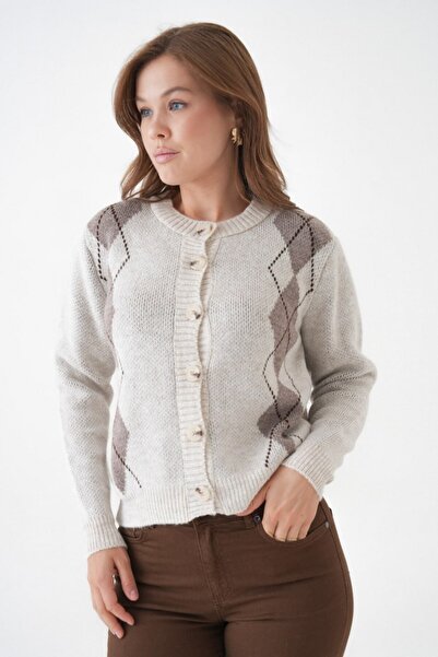 Miss Allos Women's Front Button Detailed Argyle Patterned Cardigan