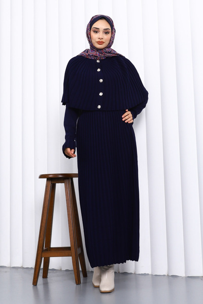 İmajButik Navy Blue Cape Detailed Long Knit Dress