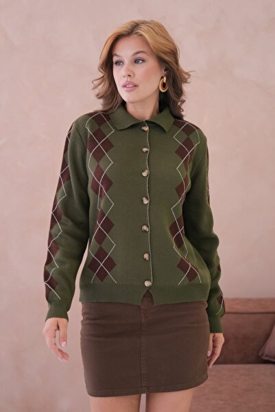 Miss Allos Women's Diamond Patterned Buttoned Front Collared Knit Cardigan