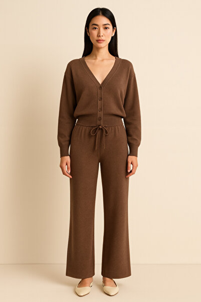 FOR YOU MODA Ottoman Fabric Buttoned Cardigan Long Sleeve Bottom Top Set | Brown