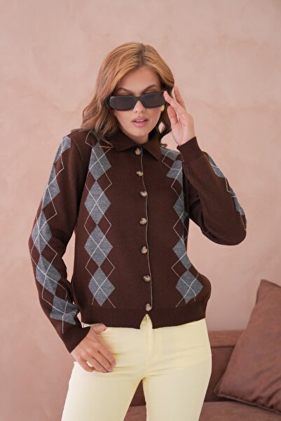 Miss Allos Women's Diamond Patterned Buttoned Front Collared Knit Cardigan