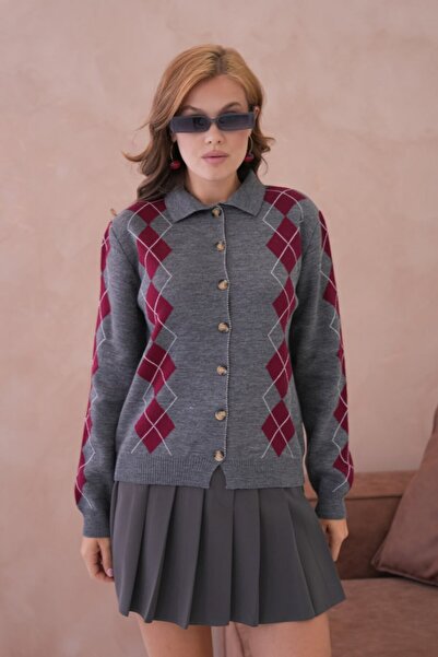 Miss Allos Women's Diamond Patterned Buttoned Front Collared Knit Cardigan