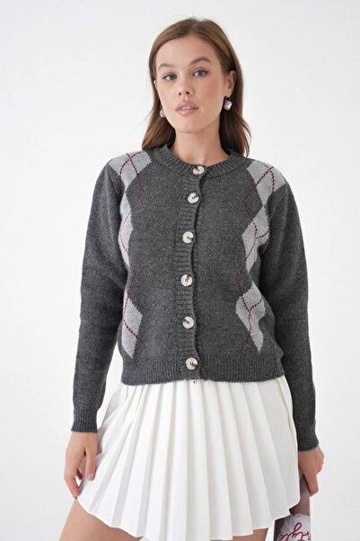 Miss Allos Women's Front Button Detailed Argyle Patterned Cardigan