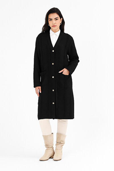 Uludağ Triko Women's Black Pocketed V-Neck Tassel Trim Knitwear Long Cardigan