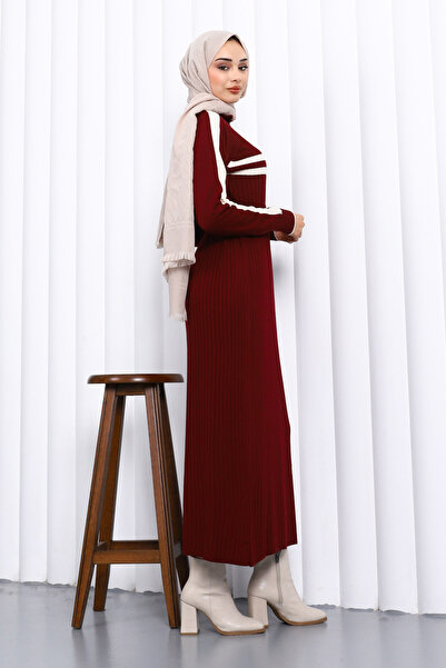 İmajButik Burgundy Collar Zippered Corded Fabric Striped Knitwear Dress