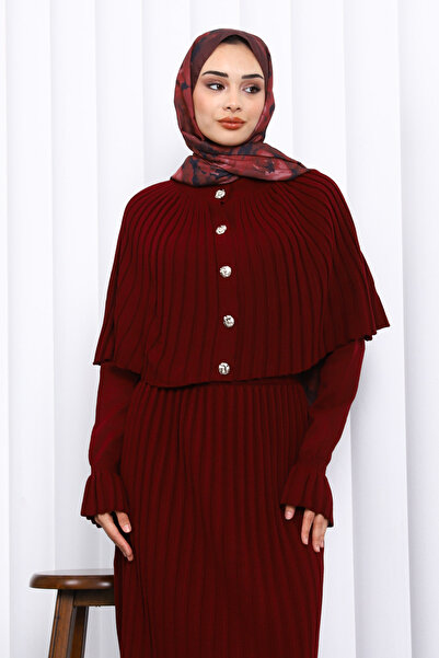 İmajButik Burgundy Cape Detailed Long Knitwear Dress