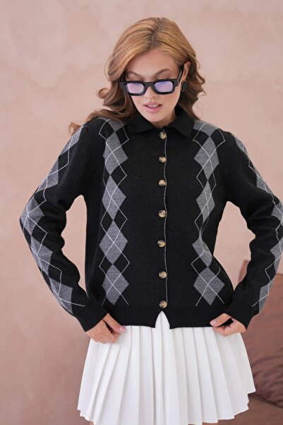 Miss Allos Women's Diamond Patterned Buttoned Front Collared Knit Cardigan