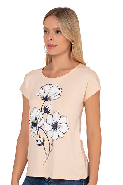 ÖZKAN underwear Özkan 26533 Women's Vorteks Viscose Premium Fabric Front Flower Printed Short Sleeve Knitted Blouse