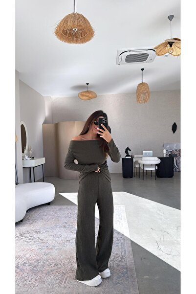 Buket Teke Khaki Drape Detail Boat Neck Wrinkled Suit