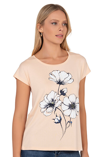 ÖZKAN underwear Özkan 26533 Women's Vorteks Viscose Premium Fabric Front Flower Printed Short Sleeve Knitted Blouse