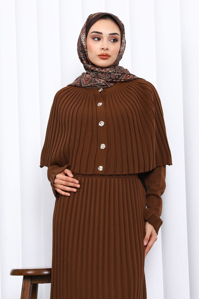İmajButik Long Knit Dress with Brown Cape Detail