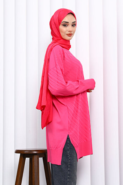 İmajButik Fuchsia Crew Neck Cold Thread Knitwear Tunic