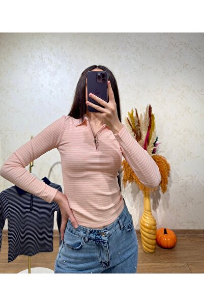 sunademirelfashion Uzun Kollu Çizgili Yakalı Bluz Pembe