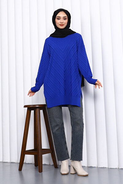 İmajButik Cobalt Blue Crew Neck Cold Thread Knitwear Tunic