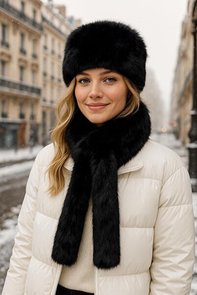 FELLMENS Black Soft Textured Mango Faux Fur Hat Neck Collar Set of 2