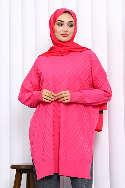 İmajButik Fuchsia Crew Neck Cold Thread Knitwear Tunic