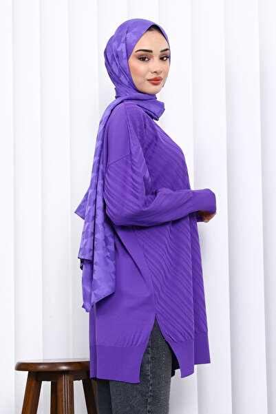 İmajButik Purple Crew Neck Cold Thread Knitwear Tunic