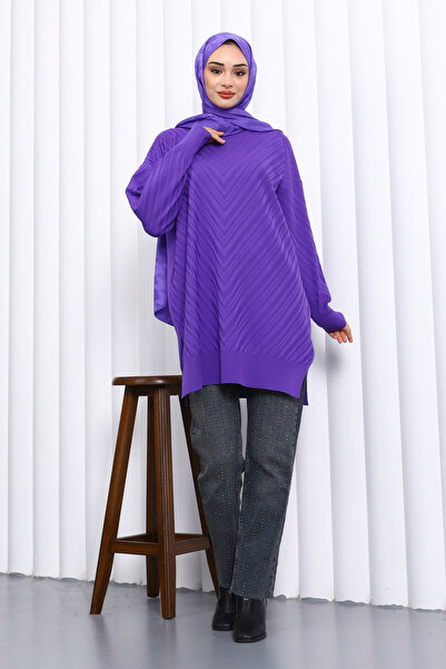 İmajButik Purple Crew Neck Cold Thread Knitwear Tunic