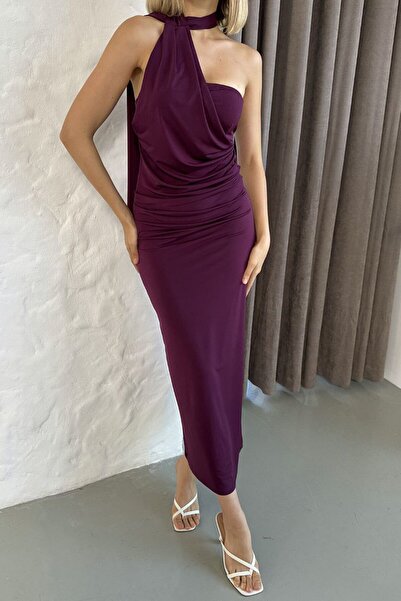 VAGGON Draped Asymmetrical Tie-Up Long Dress