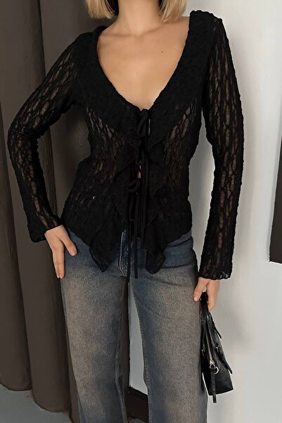 VAGGON Lace Textured Tie-Up Detail V-Neck Blouse