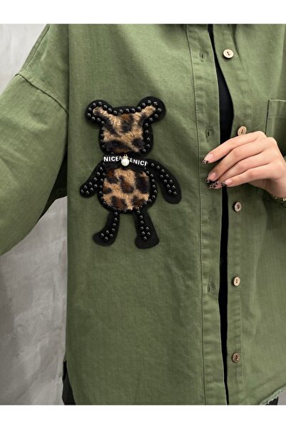 ossons Leopard Teddy Bear Embroidered Denim Shirt Pants Set