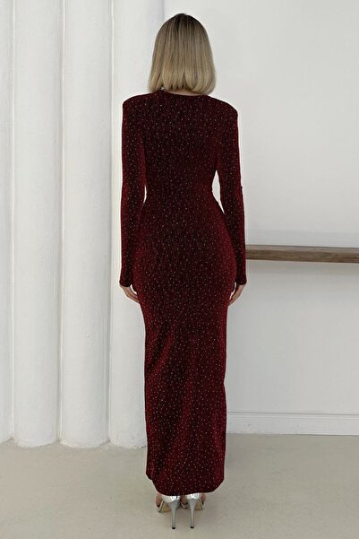 VAGGON Long Sleeve V Neck Low Cut Draped Slit Maxi Dress