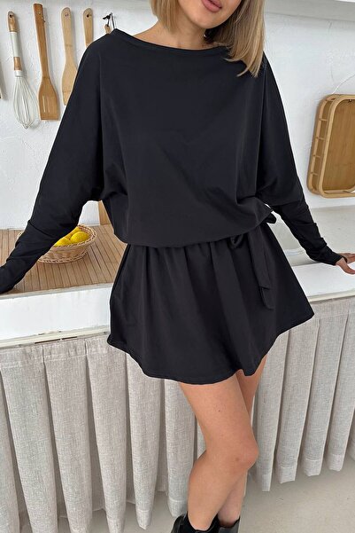 VAGGON Batwing Sleeve Belted Detail Elastic Waist Shorts Mini Dress