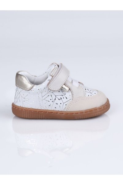 WORLD KİDS 4034 Genuine Leather First Step Sneakers-Beige-Gold - 21