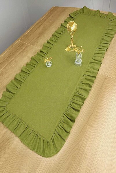 LILYUM Green Fully Frilled 40X110 Cotton Beige Raw Linen Runner