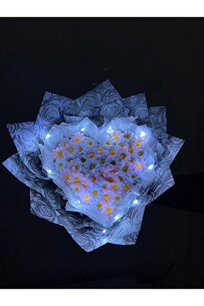 Papatya Led Işıklı Kalp Buket Gümüş Güllü Hediye Dekoratif Aranjman Çiçek Tas...