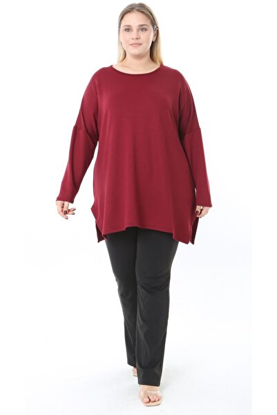 Butik Nilyam Women's Plus Size Crew Neck Long Sleeve Loose Soft Textured Cupra Fabric Plain Blouse 25081