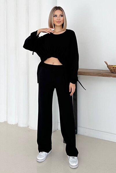 VAGGON Ruched Detail Blouse and Wide Leg Pants Set