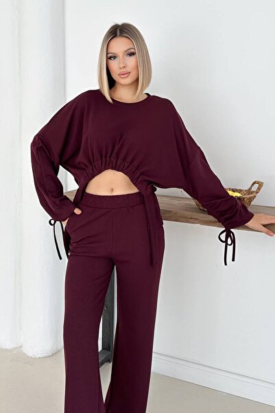 VAGGON Ruched Detail Blouse and Wide Leg Pants Set