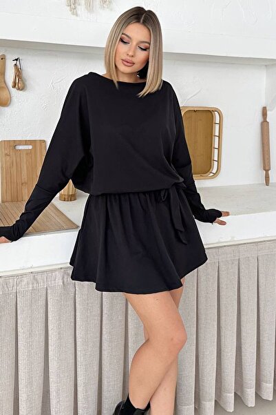 VAGGON Batwing Sleeve Belted Detail Elastic Waist Shorts Mini Dress
