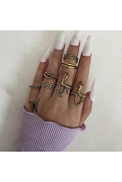 Pursehuit Set de 7 inele, aurii cu șerpi și pietre, Saray C4